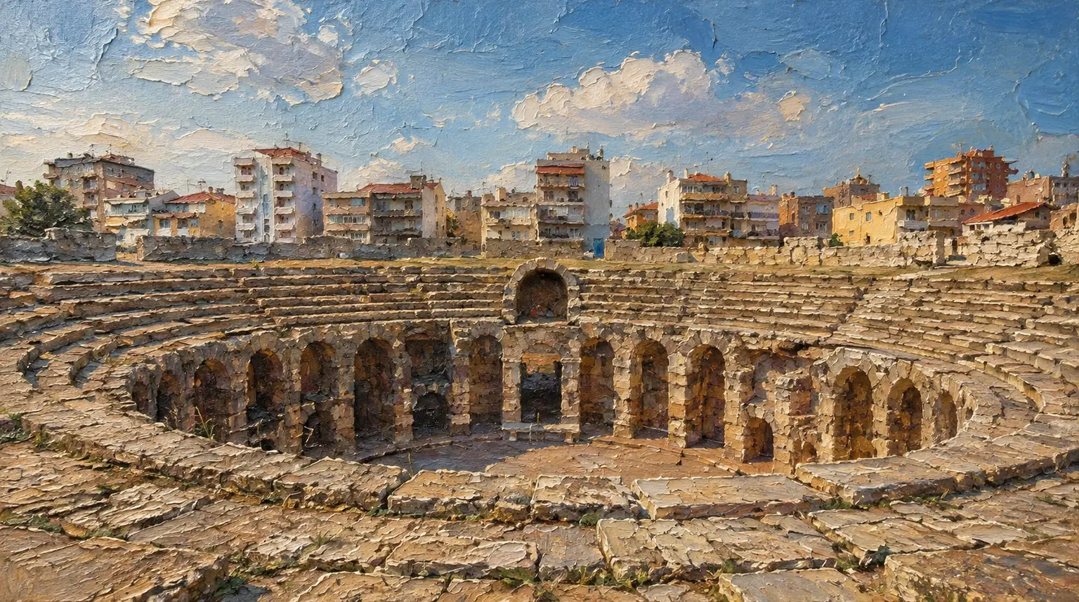 An oil painting of the Roman amphitheatre in Durrës, its arches in the sun, with apartment blocks behind it under a blue sky