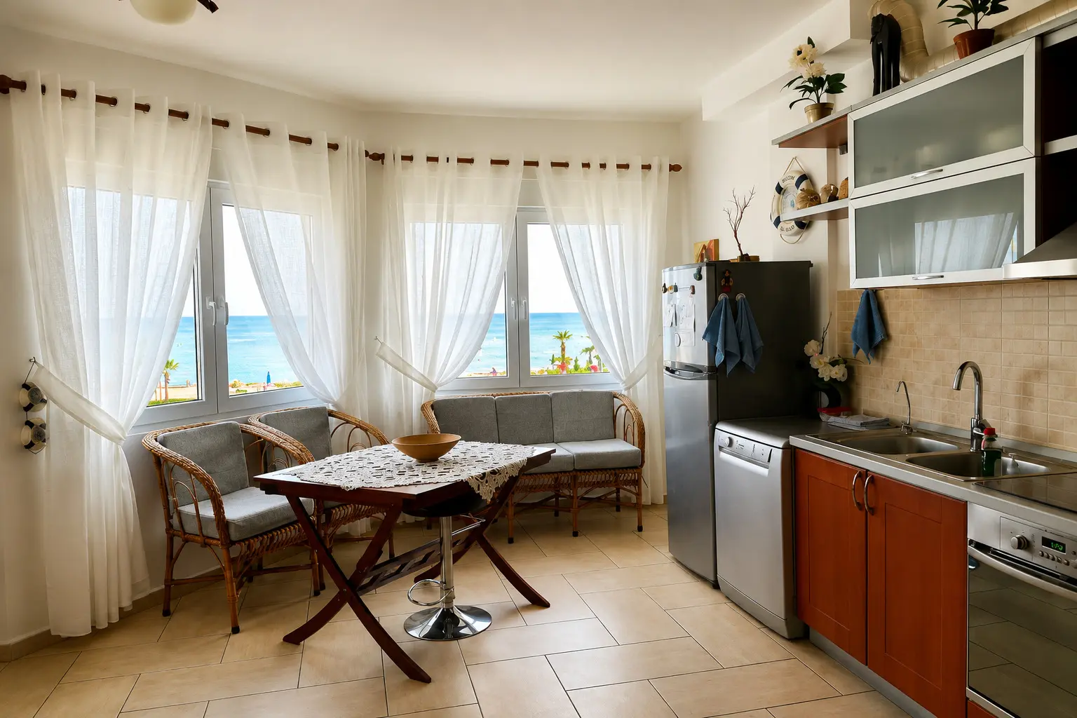 The living room with a sofa bed and a view through to the balcony